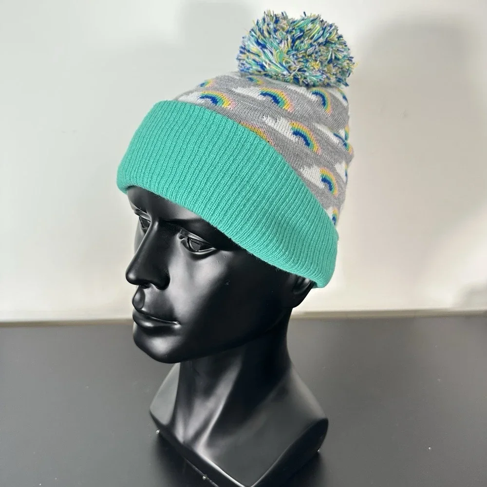 Tucker + Tate Rainbow Cloud Beanie Hat‎ Pom Pom Mint Green Gray One Size Kidcore